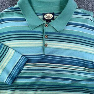 Tommy Bahama Polo Shirt Mens Large Silk Blend Blue Green Short Sleeve Striped